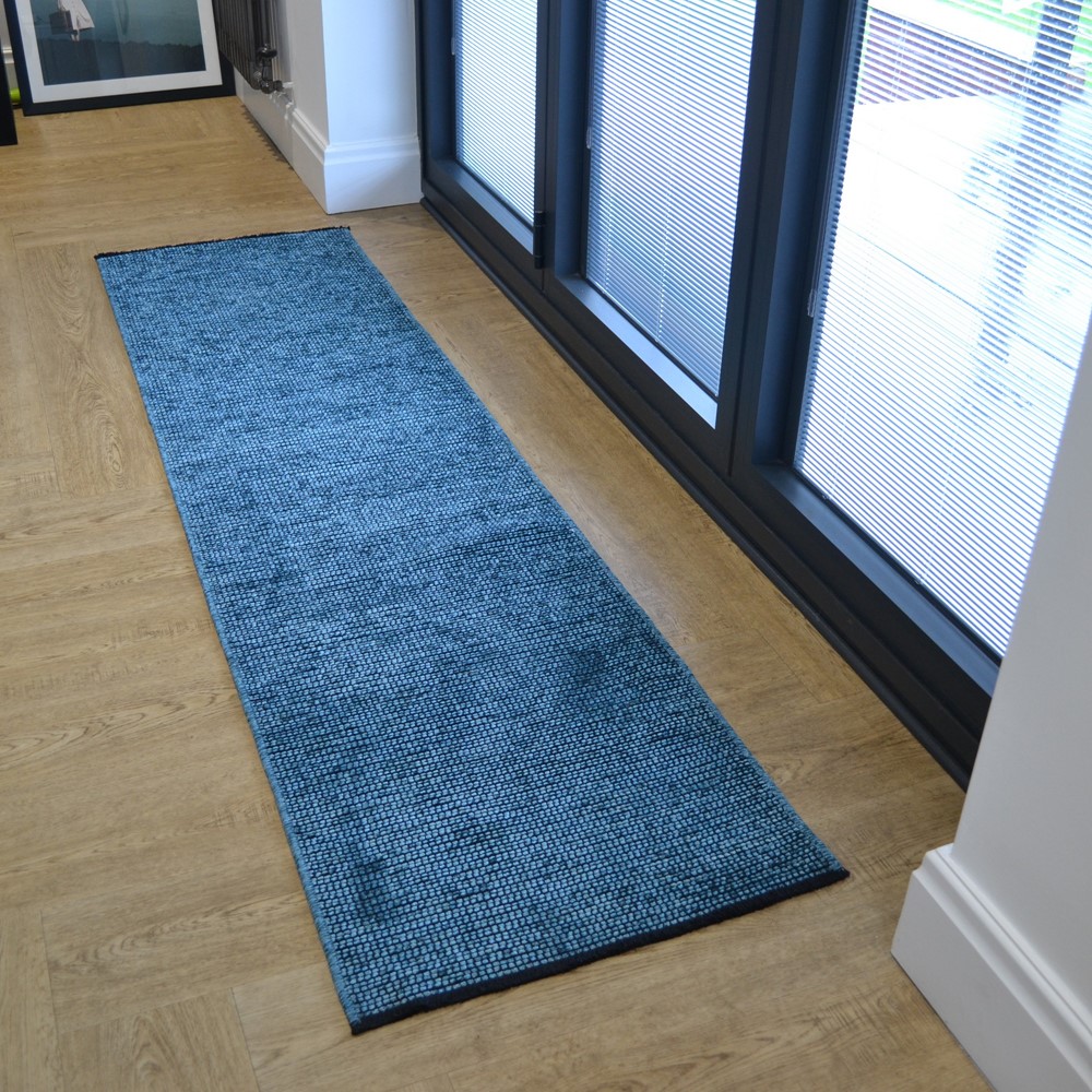 Zenith Jacquard Flatweave Tassel Geometric Runner Rugs in Blue